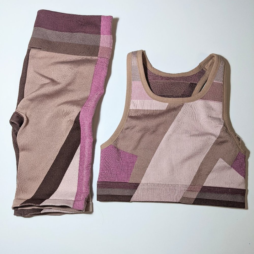 Nike DRI Fit women's tan/purple bike shorts sports bra set